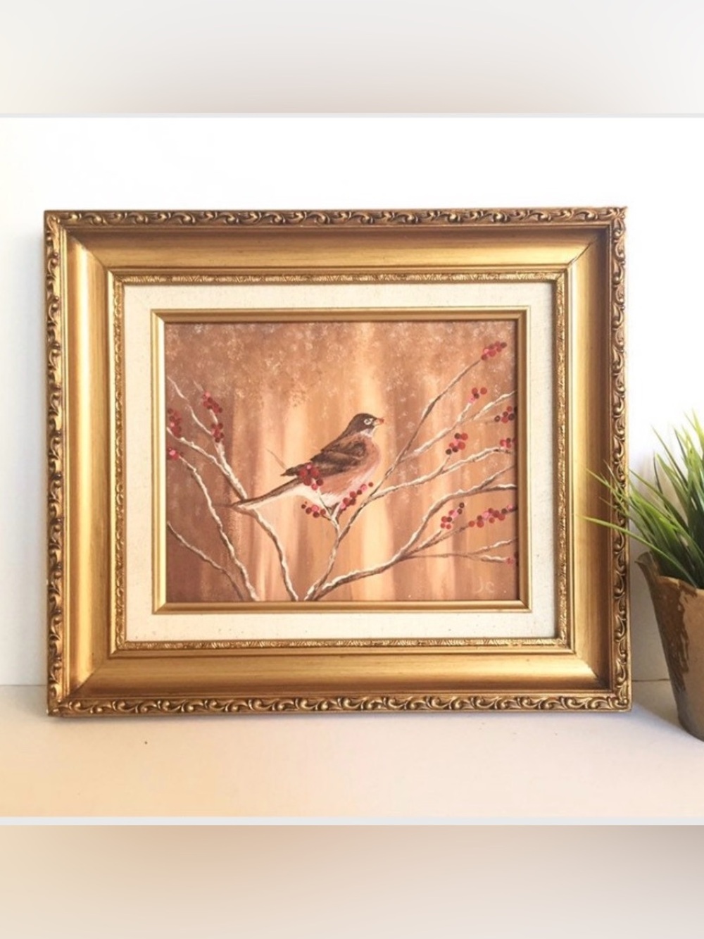 VINTAGE Original Framed Painting of Bird on Berry Branch Winter Art - Gold Frame